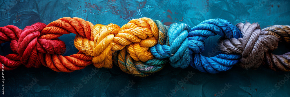 Group rope assorted strength associate organization together collaboration solidarity impart support. - obrazy, fototapety, plakaty 