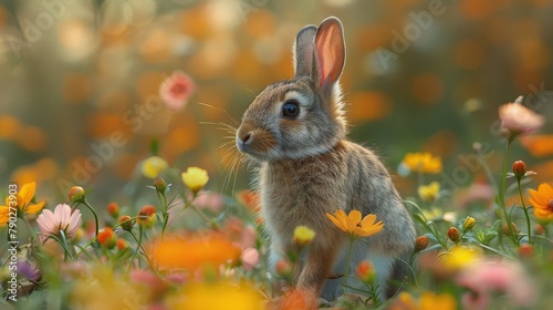 Rabbit Sitting in Field of Flowers