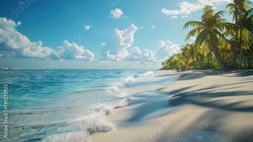 A pristine beach with powdery white sand stretching to the horizon, lapped by gentle waves that sparkle in the sunlight, with palm trees swaying in the ocean breeze.