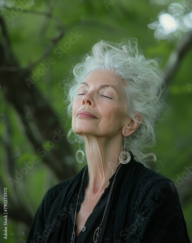 Older Woman With White Hair and Earrings