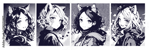 Manga anime cute girls with cat ears. Set of vector japanese comic portraits of young women for prints, posters, or t-shirt designs