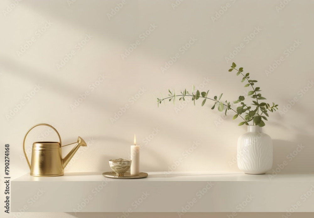 Vase With Plant and Candle on Shelf