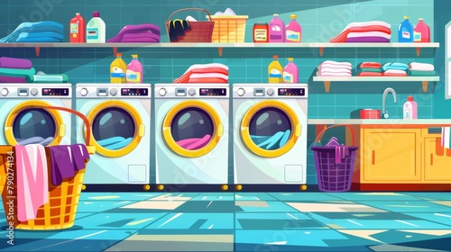 A laundry service advertisement poster with automatic washing machine, detergent bottles, dirty clothes in baskets and clean towels stacked. Modern banners of a public launderette room, washhouse. photo