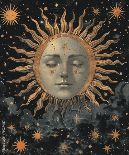 A painting of a sun depicted with its eyes closed, conveying a unique and imaginative representation of the celestial body