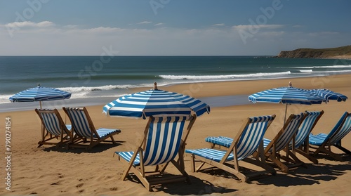 Blue striped umbrellas and deck chairs on solitary sand beach.generative.ai