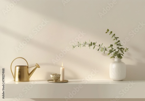 Vase With Plant and Candle on Shelf