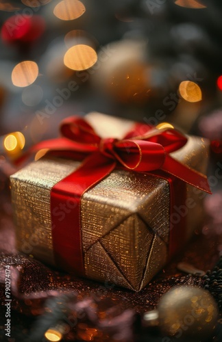 Gift Wrapped in Gold Paper With Red Bow