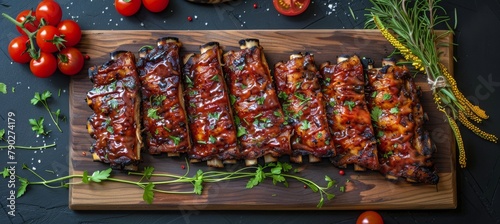 Wooden Cutting Board With Ribs and Sauce