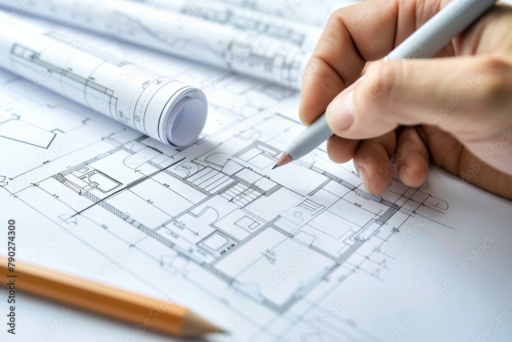 Interior designer's creative process - hand-drawn sketches, material selection, color sampling in design studio, up close Interior designer's creative process - hand-drawn sketches, material selection, color sampling in design studio, up close