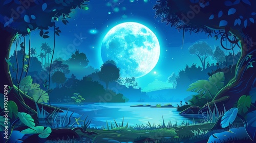 Forest landscape at night with lake and path in moonlight. A panorama of pond, grass, trees, and lianas in the rainforest.