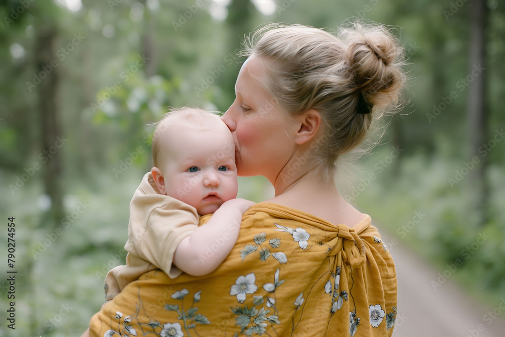 Woman mother holds hugs adorable baby at nature blossom, Mother's Day concept. Woman mother holds hugs adorable baby at nature blossom, Mother's Day concept.