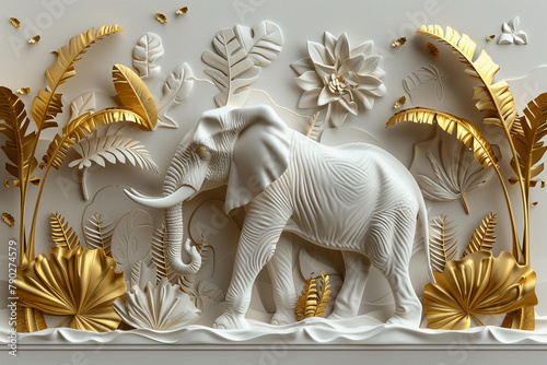 abstract relief design with a elephant and flowers, white and gold