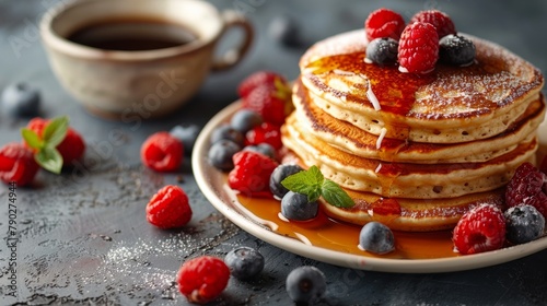 Stack of Pancakes Topped With Berries and Powdered Sugar