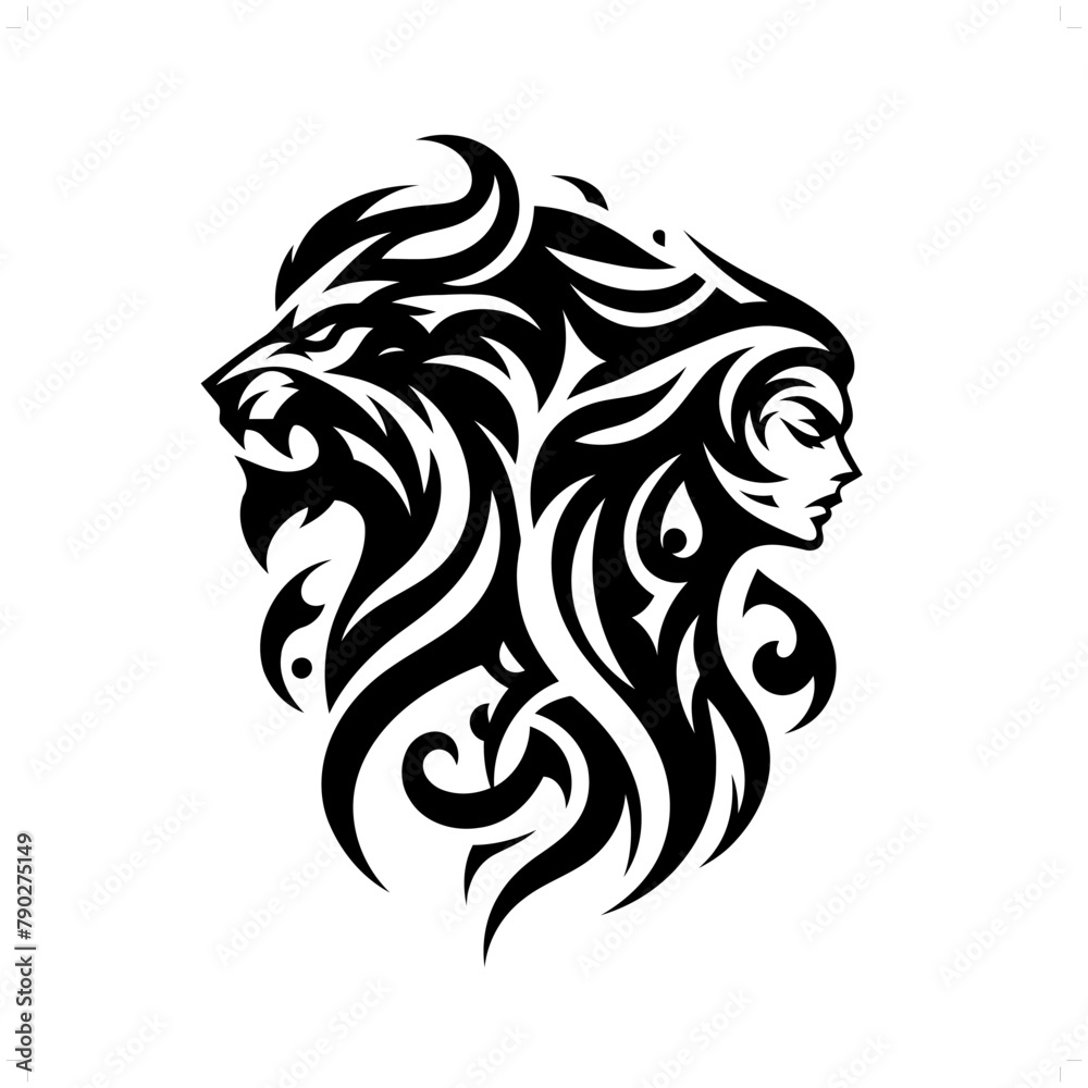 beauty and the beast  in modern tribal tattoo, abstract line art of people, minimalist contour. Vector