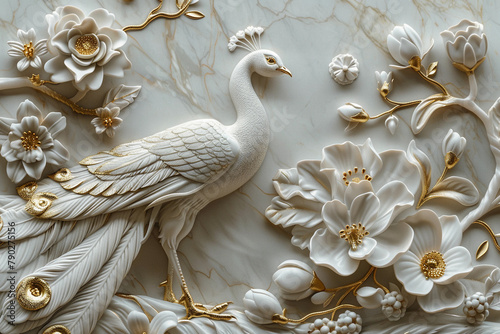 abstract relief design with a peacock and flowers, white and gold