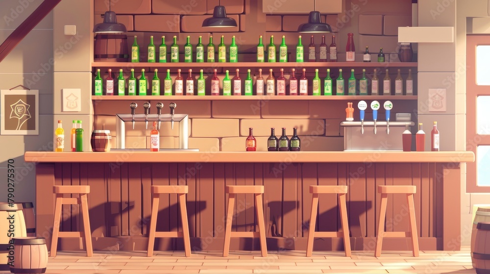 Bar with wooden counter and beer pumps in a cafe or restaurant. Tavern interior with desk, stools, and bottles of alcohol on shelves. Modern cartoon.