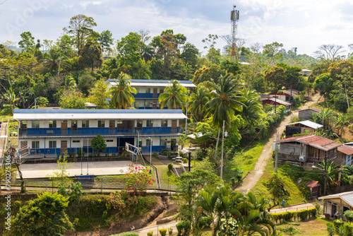 Aerial view of El Castillo village and main primary school buidling in Nicaragua