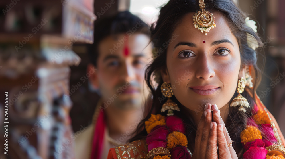 copy space, stockphoto, Young Indian couple praying in a temple, close ...