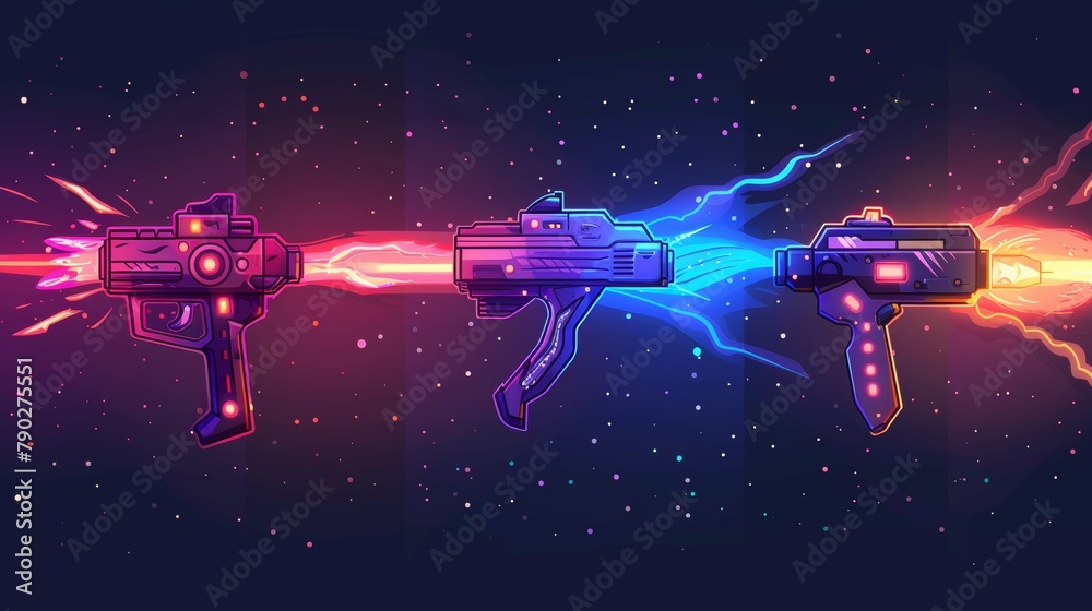 Modern illustration of laser blasters, space guns VFX effect with plasmic beams and rays. Modern illustration of raygun pistols, kid toys or futuristic alien weapons. Energy phasers in color cartoon - obrazy, fototapety, plakaty 