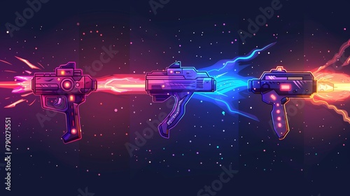 Modern illustration of laser blasters, space guns VFX effect with plasmic beams and rays. Modern illustration of raygun pistols, kid toys or futuristic alien weapons. Energy phasers in color cartoon photo