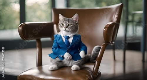 A humorous image featuring a digitally altered photo of a cat dressed in a sophisticated blue business suit sitting on a chair exuding confidence photo