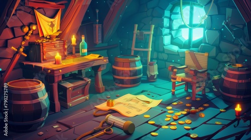 Captain's cabin aboard a pirate ship at night, filled with old wooden tables, chairs, barrels, gold coins, a treasure chest, rum bottles, daggers, and candles, modern cartoon illustration.