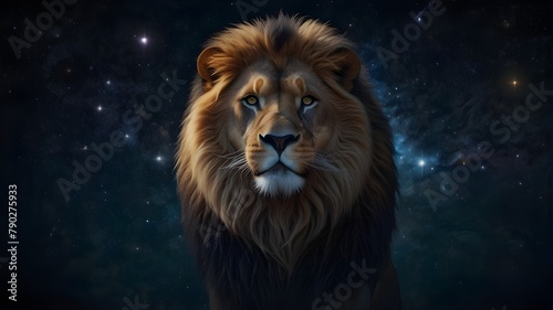 male lion portrait A celestial vector logo for  Celestial Lion Crest   featuring a majestic lion silhouette set against a backdrop of cosmic stars and galaxies. The lion s silhouette is intricately de