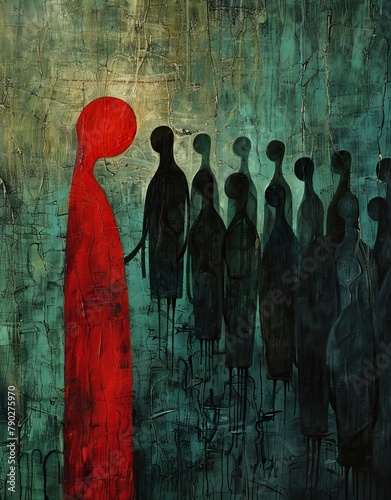 A painting featuring a person standing in front of a group of people, capturing a moment of interaction and presence