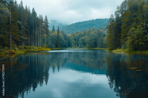 A photograph of a forest reflected in a perfectly still lake, the scene so clear it becomes difficul © Oleksandr