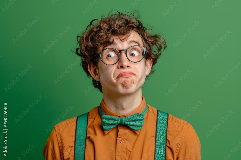 young male nerd with a bow tie and suspenders, rolling his eyes dramatically, against a vibrant green background young male nerd with a bow tie and suspenders, rolling his eyes dramatically, against a vibrant green background