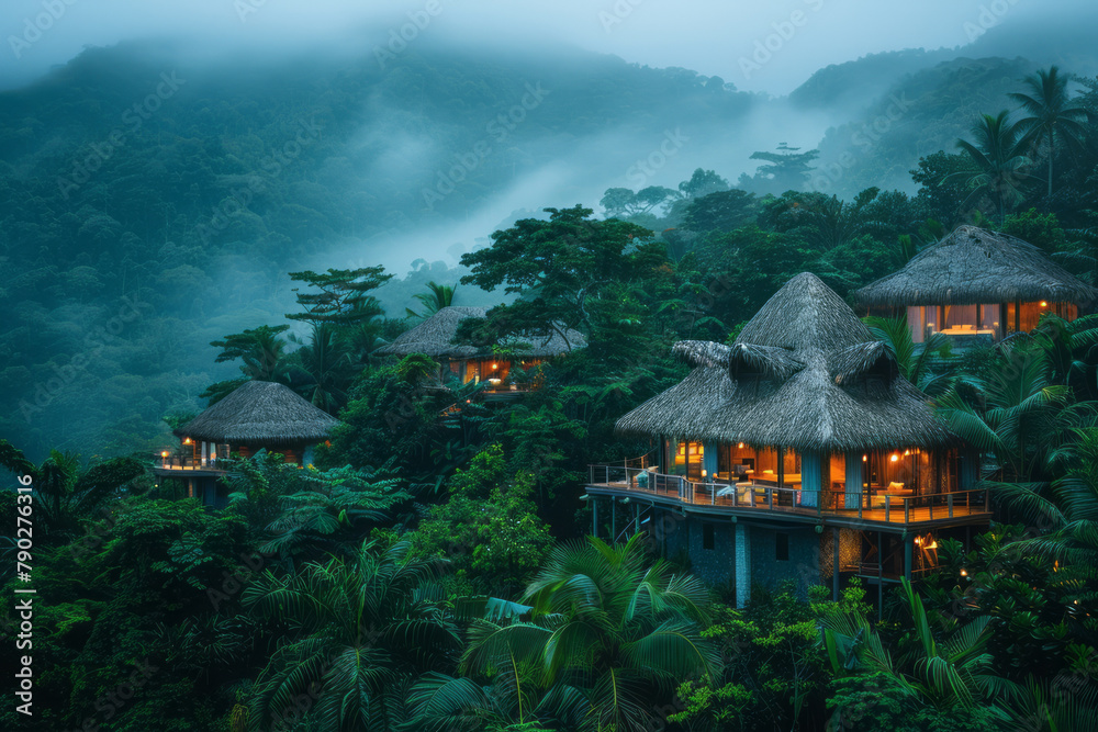 A photograph of a luxury eco-resort on a private island, with thatched ... - Luxury Eco Island Retreats With Pool