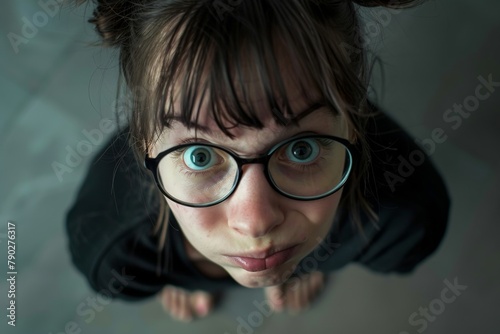 young female nerd, her face squished against a clear, oversized magnifying glass, with a mint green background adding to the fun photo