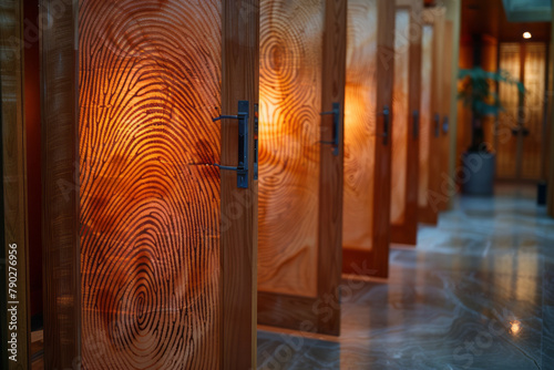 A photograph of a set of doors at a privacy conference, each door paneled with magnified fingerprint