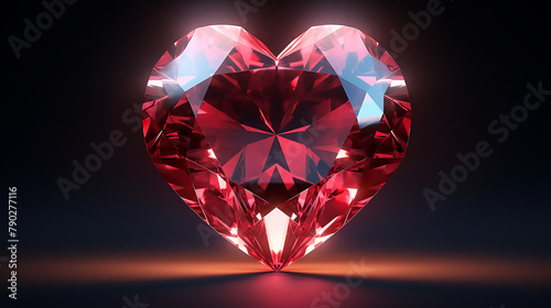 Abstract 3d illustration of heartshaped red diamond  in the style of luminous shadows  rich  bold  in dark background. Valentine s day concept.
