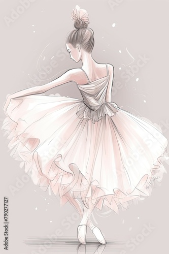 Digital art of a simple ballerina in a white and pink elegant dress in the style of a hand drawing in soft colors.