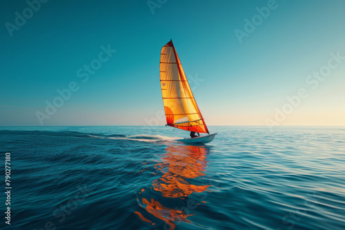 A photograph of a windsurfer gliding across the water, the colorful sail billowing against the clear