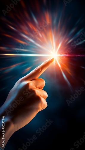 Dynamic view of an arrow being released from a hand towards a bright target under spotlights  illustrating ambition and success