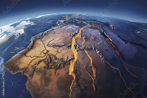 Detailed Visual Representation of Earth's Plate Tectonics and Associated Movements