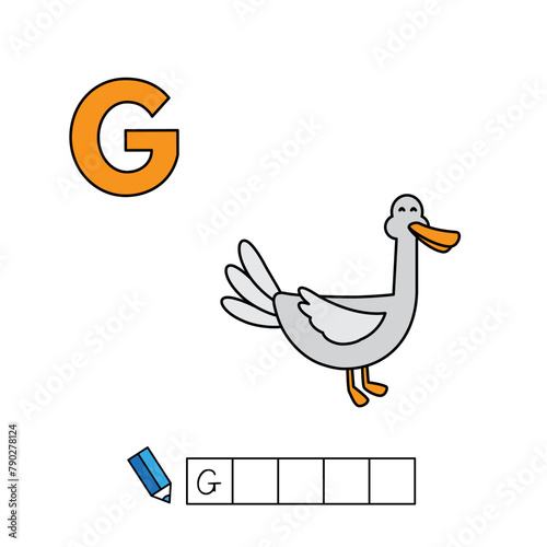 Alphabet with cute cartoon animals isolated on white background. Learning to write game for children education. Vector illustration of goose and letter G (ID: 790278124)
