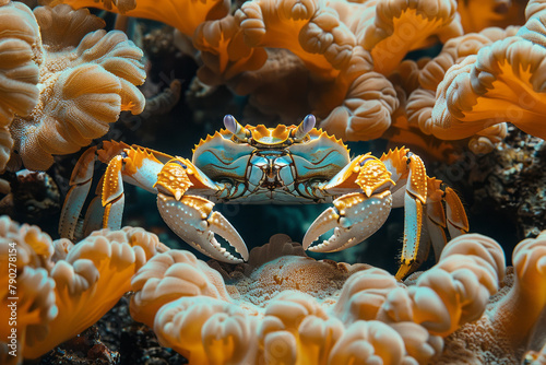 A scene depicting a crab navigating through coral crevices, its hard shell a stark contrast to the s photo