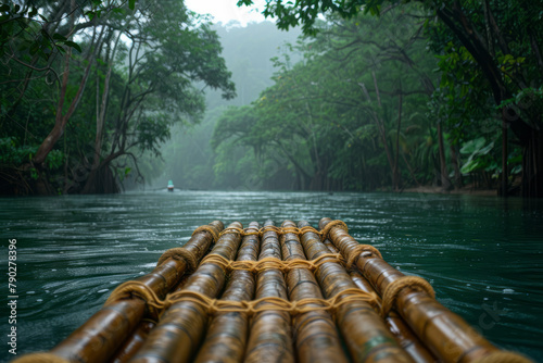A scene depicting a handcrafted bamboo raft on a tropical river, a traditional mode of transport sti photo
