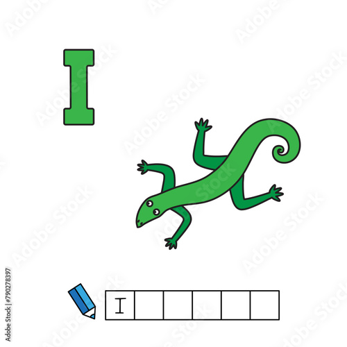 Alphabet with cute cartoon animals isolated on white background. Learning to write game for children education. Vector illustration of iguana and letter I (ID: 790278397)
