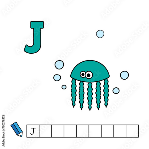 Alphabet with cute cartoon animals isolated on white background. Learning to write game for children education. Vector illustration of jellyfish and letter J (ID: 790278572)