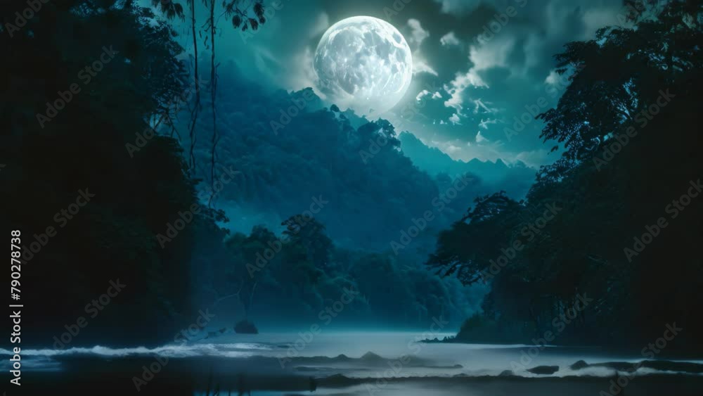 A powerful river cuts through a dense forest at night, surrounded by towering trees and darkness, River flowing beneath the canopy of a rainforest in moonlight A powerful river cuts through a dense forest at night, surrounded by towering trees and darkness, River flowing beneath the canopy of a rainforest in moonlight