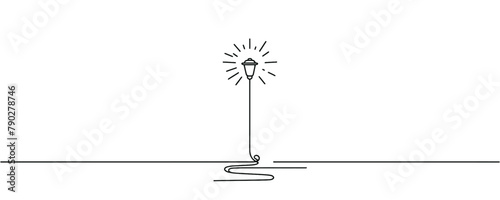 Continuous line drawing of a street lamp. One line street lamp, vector illustration.