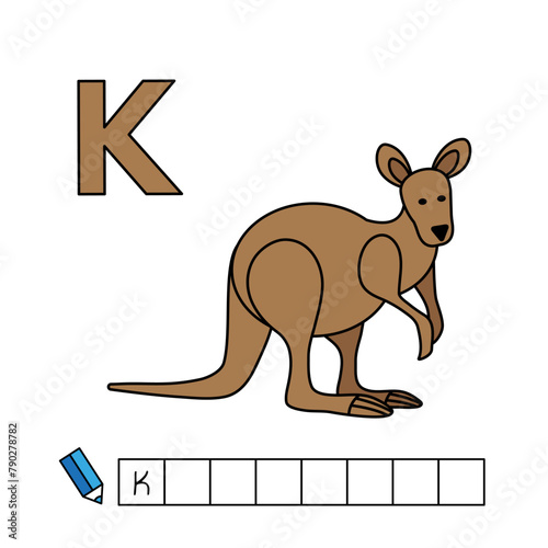 Alphabet with cute cartoon animals isolated on white background. Learning to write game for children education. Vector illustration of kangaroo and letter K (ID: 790278782)