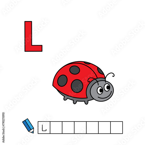 Alphabet with cute cartoon animals isolated on white background. Learning to write game for children education. Vector illustration of ladybug and letter L (ID: 790278910)