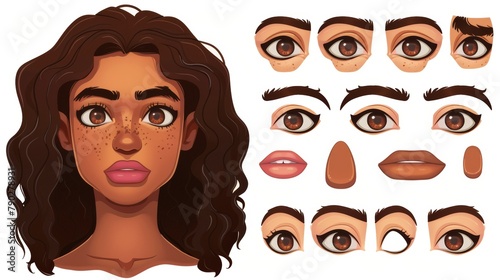 An avatar of an African American woman with a dark skin tone, hairstyle, nose, nostrils, eyes, eyebrows, and lips. Modern sets of isolated facial elements for cartoons.