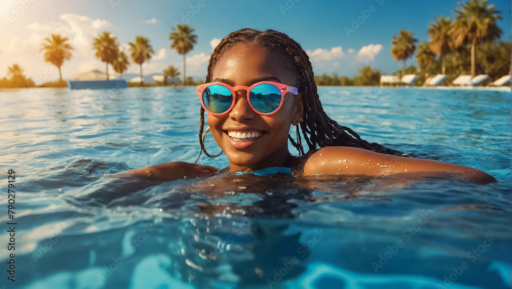 Portrait of a beautiful African American girl in the pool in summer holiday