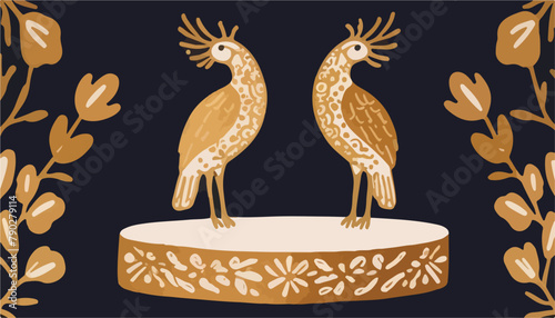 Golden Glory. An Illustrated Podium Adorned with Majestic Animal Ornaments.